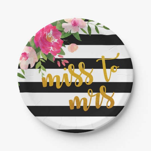 Floral Miss Frau Plate - Schwarz & Weiß Streifen Pappteller (Vorderseite)