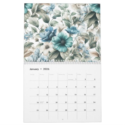Floral modern blau mädchenhaft elegant stilvoll kalender (Jan 2026)