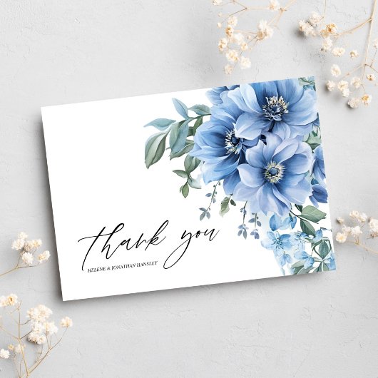 Floral Modern Elegant Dusty Blue Wedding Dankeskarte