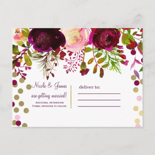 Floral Modern Gold Burgundy Bold Save the Date Ankündigungspostkarte (Rückseite)