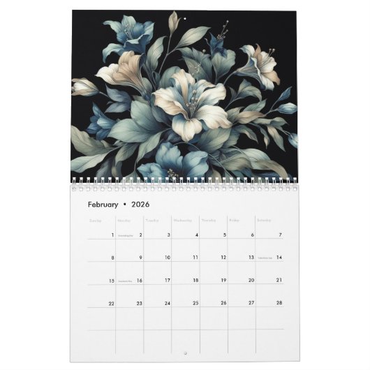 Floral modern schwarz, gürlich elegant stilvoll kalender (Feb 2026)