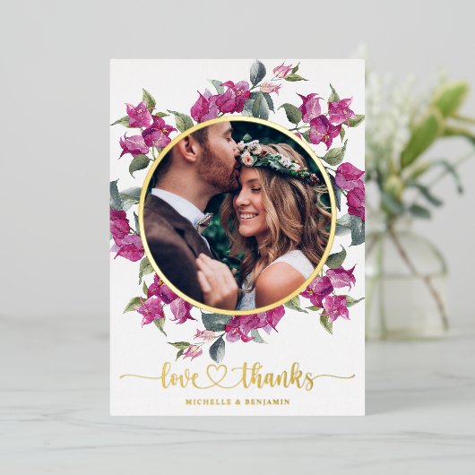 Floral Moderne Elegante Hochzeit Danke Foto Card Folieneinladung (Stehend vorne)