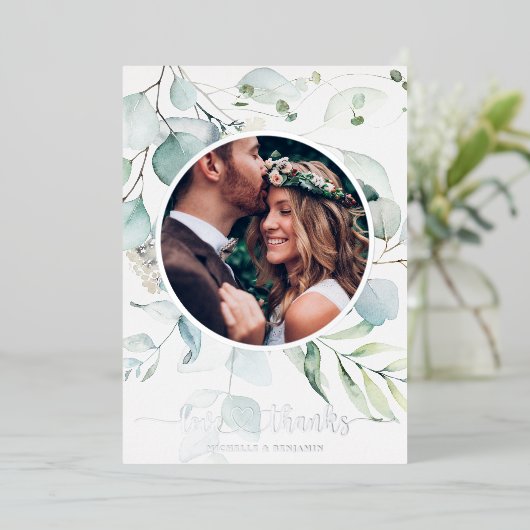 Floral Moderne Elegante Hochzeit Danke Foto Card Folieneinladung (Stehend vorne)