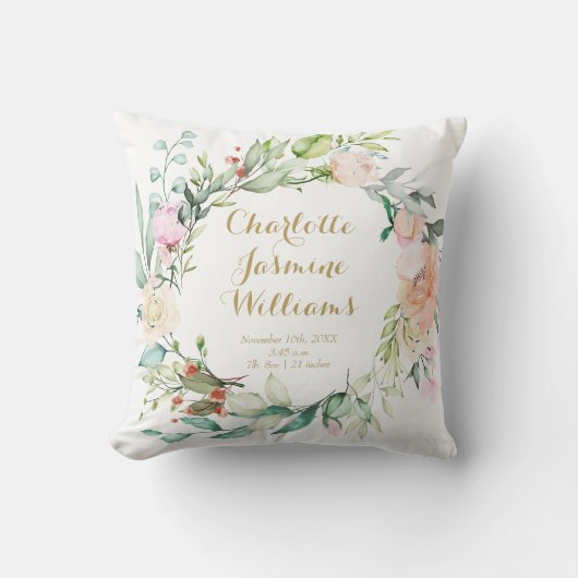 Floral Monogram Baby Birth Stats Kinderzimmer Kissen (Vorderseite)