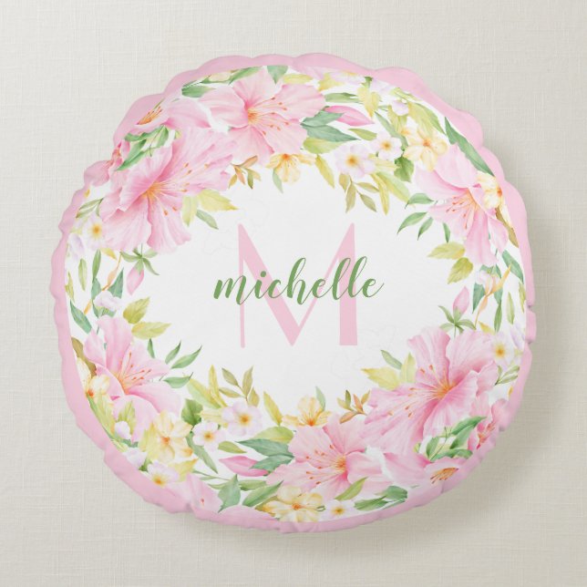 Floral Monogram Botancolor Botanisch Pink Green Rundes Kissen (Vorderseite)