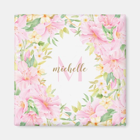 Floral Monogram, Botanfarbener Rosa Magnet (Vorne)