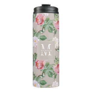 Floral Monogram Butterflies Elegante Custom Taupe Thermosbecher