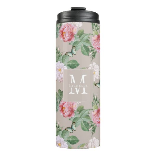 Floral Monogram Butterflies Elegante Custom Taupe Thermosbecher (Vorderseite)