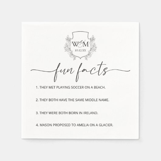 Floral Monogram Calligraphy Fun Facts Wedding Serviette (Vorderseite)