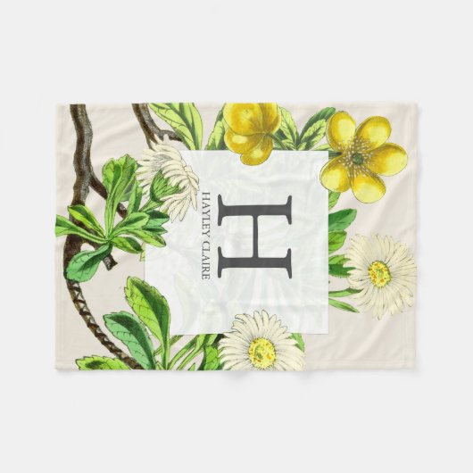 Floral Monogram Daisies Initial Greenerie Fleecedecke (Vorderseite (Horizontal))