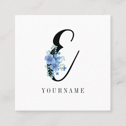 Floral Monogram E Blue Blume Burst Quadratische Visitenkarte (Vorderseite)