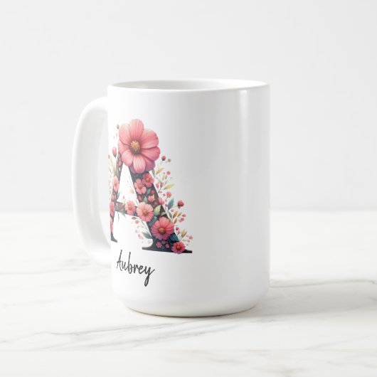 Floral Monogram Erstname Tasse, Custom Mutterngesc Kaffeetasse (Vorderseite Links)
