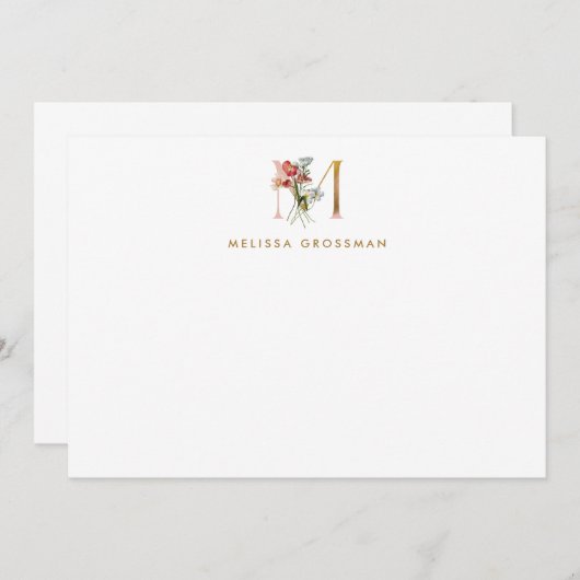 Floral Monogram Gold Letter M Note Card Mitteilungskarte (Vorne/Hinten)