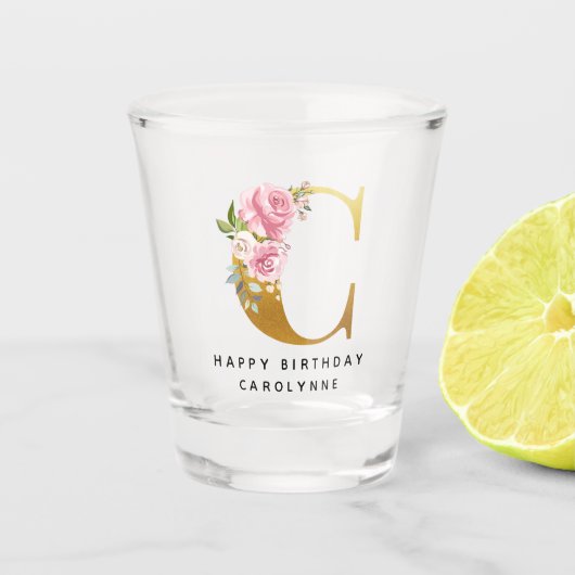 Floral Monogram Happy Birthday Personalisiert Name Schnapsglas (Vorderseite)