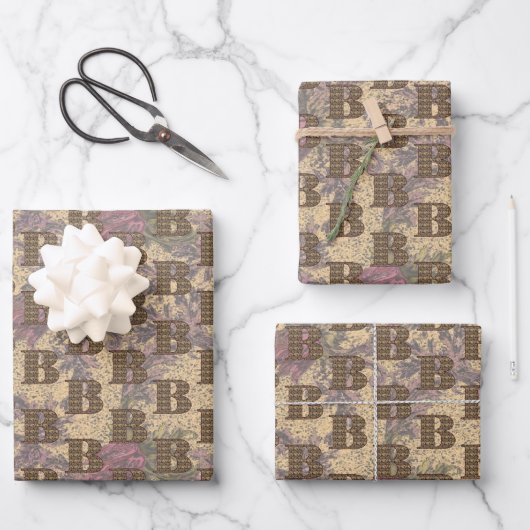 Floral Monogram Initial B Your Name Elegant Geschenkpapier Set (Vorderseite)