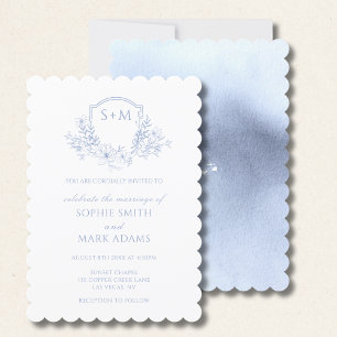 Floral Monogram Initial Wappen Dusty Blue Wedding Einladung