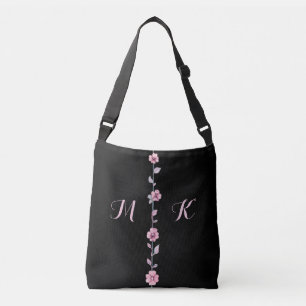 Floral Monogram Initial Watercolor Pink Black Tragetaschen Mit Langen Trägern
