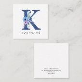 Floral Monogram K Winter Blue Blossoms Quadratische Visitenkarte (Vorne/Hinten)