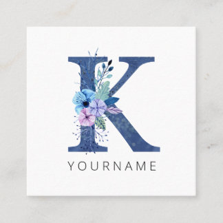 Floral Monogram K Winter Blue Blossoms Quadratische Visitenkarte