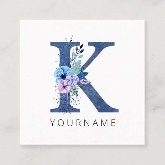 Floral Monogram K Winter Blue Blossoms Quadratische Visitenkarte (Vorderseite)