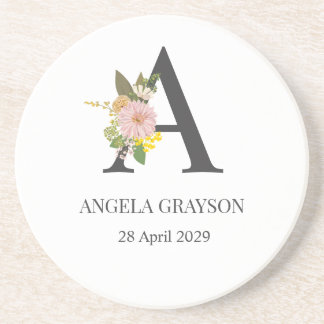 Floral Monogram Letter A Custom Name and Date Getränkeuntersetzer