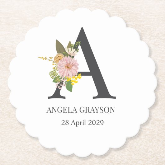 Floral Monogram Letter A Custom Name and Date Untersetzer (Vorderseite)