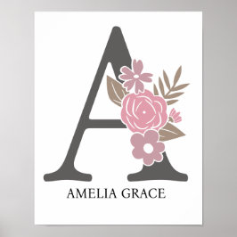 Floral Monogram Letter A Name Kinderzimmer Modern Poster