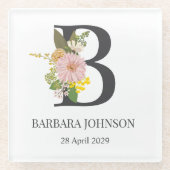 Floral Monogram Letter B Custom Name and Date  Glasuntersetzer (Vorderseite)