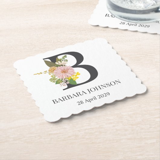 Floral Monogram Letter B Custom Name and Date Untersetzer (angewinkelt)