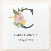Floral Monogram Letter C Custom Name and Date  Glasuntersetzer (Vorderseite)