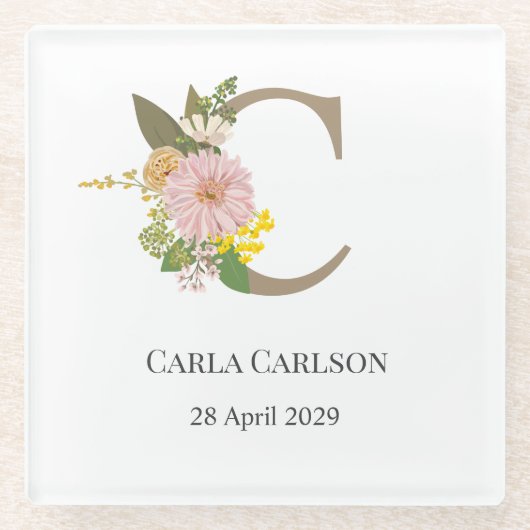 Floral Monogram Letter C Custom Name and Date Glasuntersetzer (Vorderseite)