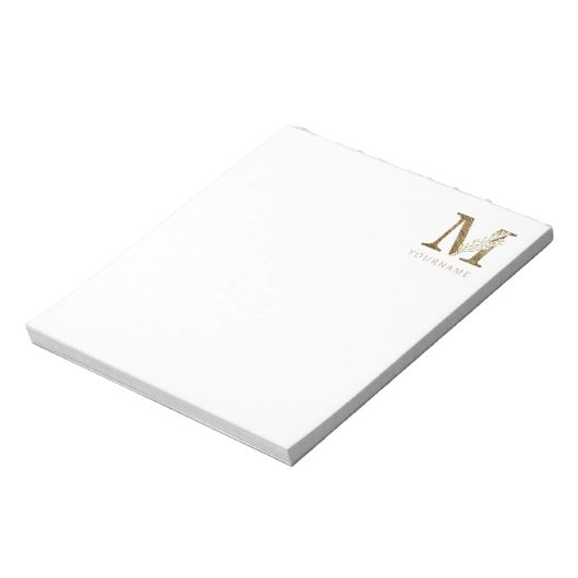 Floral Monogram M Elegant Gold Foliage Notizblock (Rotiert)