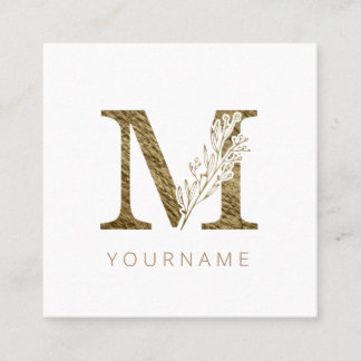 Floral Monogram M Elegant Gold Foliage Quadratische Visitenkarte