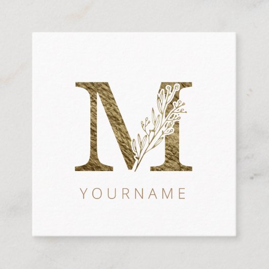 Floral Monogram M Elegant Gold Foliage Quadratische Visitenkarte (Vorderseite)