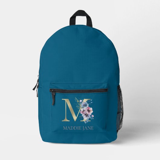 Floral Monogram M Name  Bedruckter Rucksack (Vorderseite)