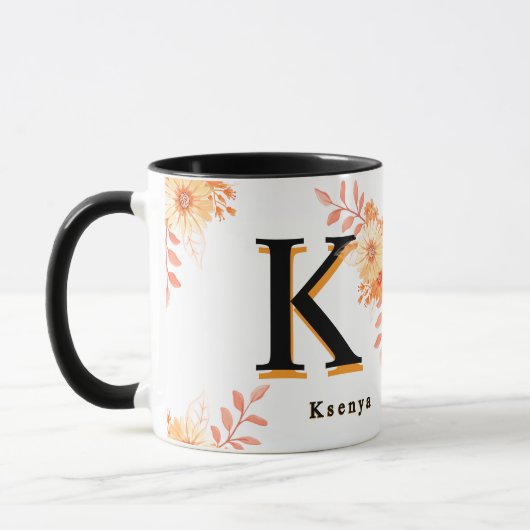 Floral Monogram Mug – Elegant Letter K Coffee Cup Tasse (Links)