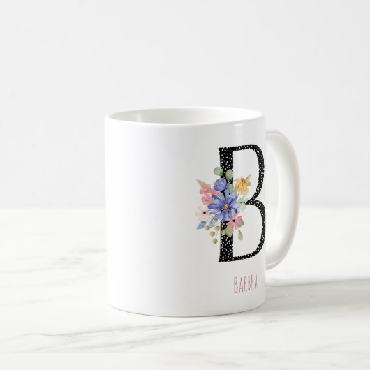Floral Monogram Name B Black Polka Dot Kaffeetasse (VorderseiteRechts)