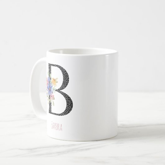 Floral Monogram Name B Black Polka Dot Kaffeetasse (Vorderseite Links)