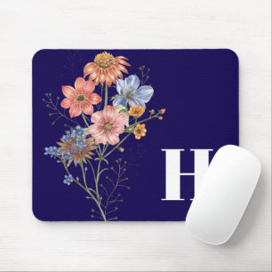 Floral Monogram Navy Blue Desk Zubehör Mousepad