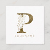 Floral Monogram P Elegant Gold Foliage Quadratische Visitenkarte (Vorderseite)