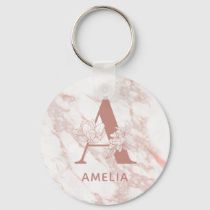Floral Monogram Pink Rose Gold Marble Custom Name Schlüsselanhänger