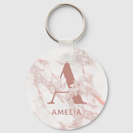 Floral Monogram Pink Rose Gold Marble Custom Name Schlüsselanhänger (Vorderseite)