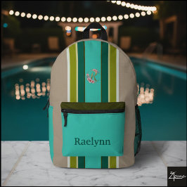 Floral Monogram Striped Backpack Turquoise Name Bedruckter Rucksack