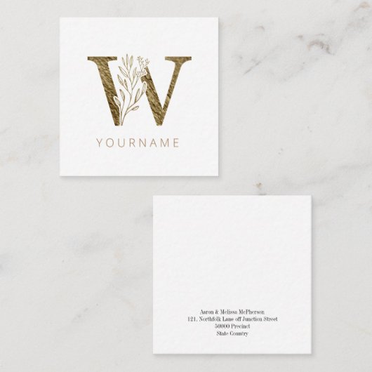 Floral Monogram W Elegant Gold Foliage Quadratische Visitenkarte (Vorne/Hinten)