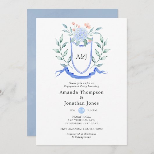 Floral Monogram Wappen Engagement Party Einladung (Vorne/Hinten)