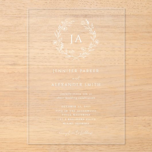 Floral Monogram Wedding Acryleinladungen (Vorderseite)