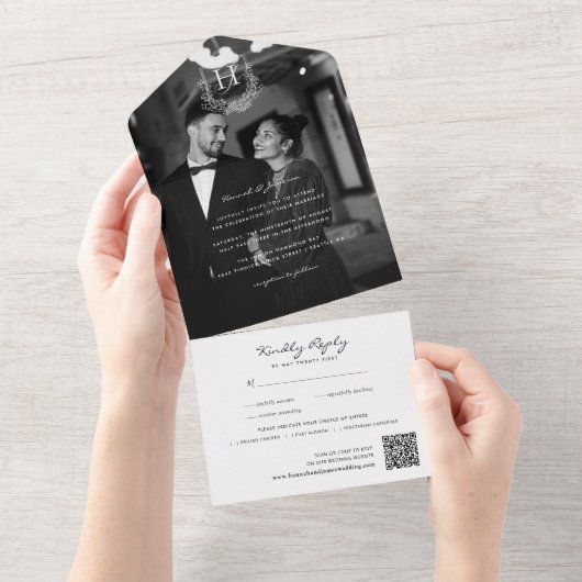 Floral Monogram Wedding Foto QR Code All In One Einladung (Abreißen)