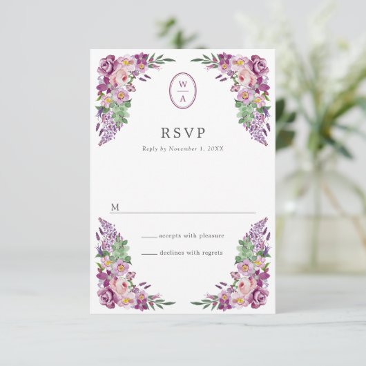 Floral Monogram Wedding RSVP Karte (Stehend Vorderseite)