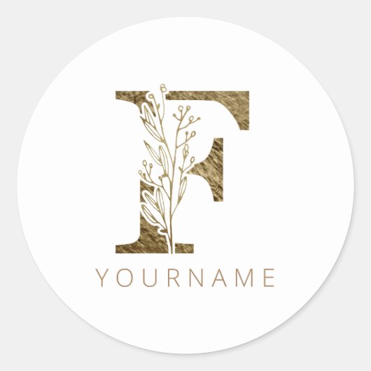 Floral Monogramm F Elegangoldfoliage Runder Aufkleber (Vorderseite)