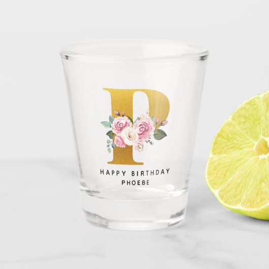Floral Monogramm Geburtsdatum Personalisiert Name Schnapsglas (Vorderseite)